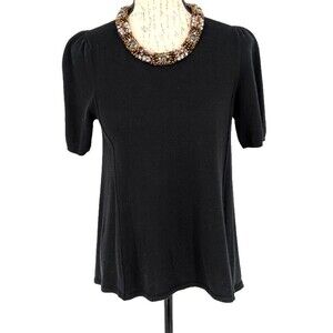 Anthropologie HWR Black Sweater Cotton Blend Jeweled Neckline Sm